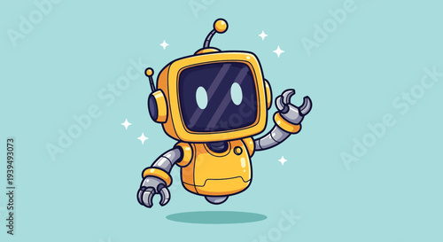 Cute Robot Mascot Waving Hello Illustration.
