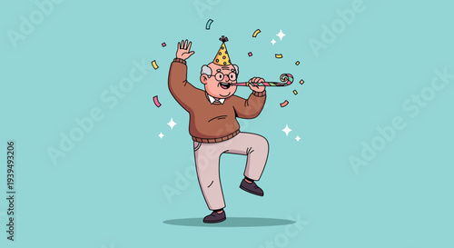 Happy elderly man celebrating with party hat and blower.