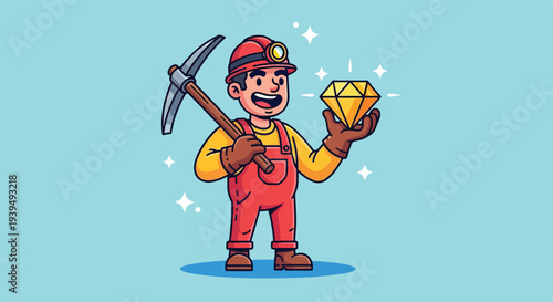 Happy Miner Holding a Shiny Diamond and Pickaxe Vector.