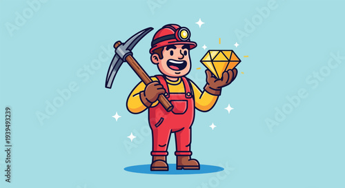 Happy Miner Holding a Shiny Diamond and Pickaxe Vector Illustration.
