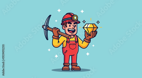 Happy Miner Holding a Shiny Diamond and Pickaxe.