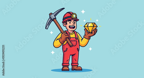 Happy Miner Holding Pickaxe and Discovered Diamond.