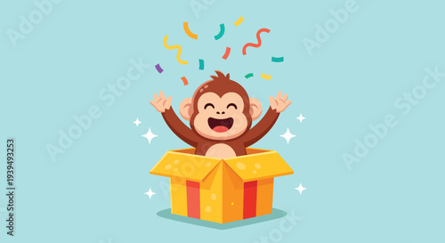 Monkey jumping out of a gift box with confetti Vector Illustration.