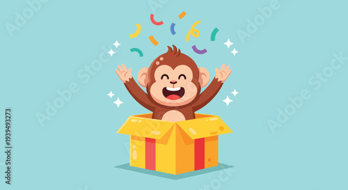 Happy Monkey Jumping Out of a Gift Box with Confetti.