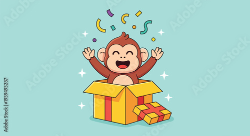 Happy Monkey Jumping Out of a Gift Box with Confetti Vector.