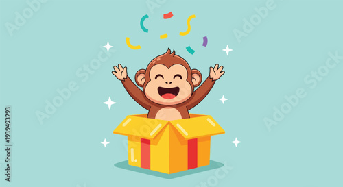 Happy Monkey Jumping Out of a Gift Box with Confetti Vector Illustration.