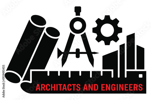 Architects and engineers logo concept with blueprints compass ruler gear and building silhouette professional tools for construction planning