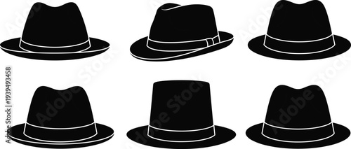 Hat silhouette icons set with different brim styles, fashion accessory vector illustration, costume design elements, stylish headwear graphic, clothing symbol