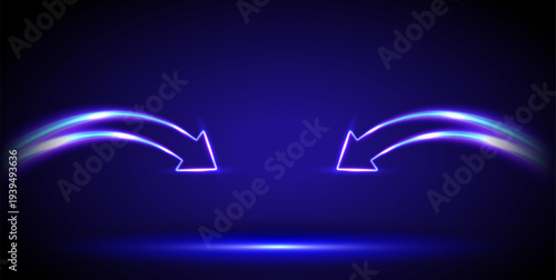 Two arrows pointing to one place. Blue curved arrow in motion on dark background. Glowing neon arrow with light trails. Personal growth. Quick result. Innovation technology and finance.