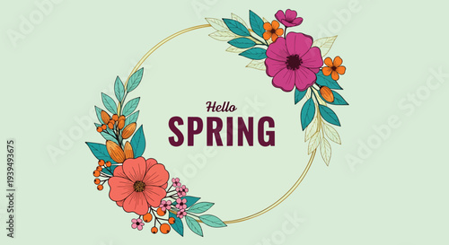 Hello Spring floral wreath with colorful flowers and leaves.