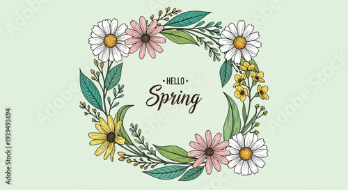 Hello Spring Floral Wreath with Daisies and Green Leaves.