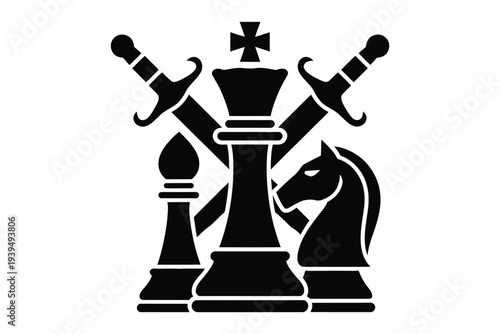 Chess board game pieces with crossed swords symbol representing strategy competition and tactical warfare in black silhouette vector design
