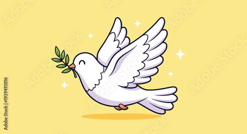 White Dove Flying with Olive Branch Symbolizing Peace Vector Illustration.