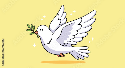 White Dove Flying with Olive Branch Symbolizing Peace.