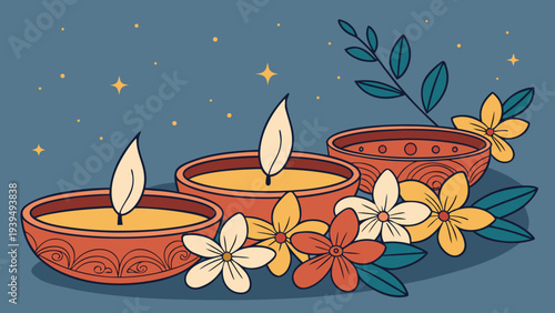 Hand-drawn vector illustration of three lit clay Diwali oil lamps (diyas) with decorative patterns, surrounded by colorful flowers and green leaves