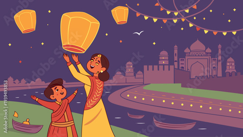 Happy Indian family celebrating Diwali festival with sky lanterns over a river at night, featuring traditional architecture and festive lights in a flat vector illustration.
