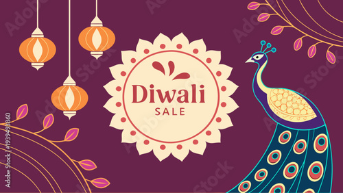 Vibrant Diwali Sale vector banner with elegant peacock, traditional lanterns, and decorative floral elements on a purple background, perfect for festive promotions and marketing.
