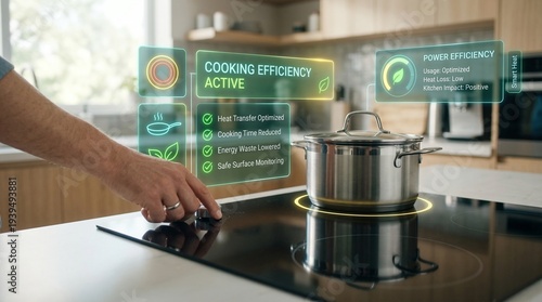 Person adjusting smart induction hob with AR overlay displaying cooking efficiency, heat transfer, and energy optimization for modern, efficient kitchen use