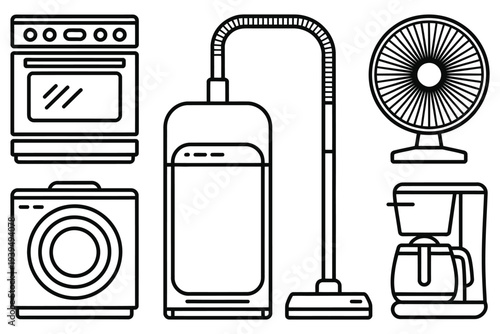 Household appliances thin line icons collection featuring oven washing machine vacuum cleaner fan and coffee maker on transparent backdrop