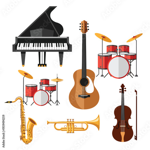 Musical Instruments Collection Featuring Piano and Guitar.