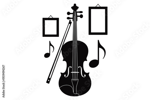 Musical composition concept featuring violin viola bow two hanging picture frames and scattered musical notes symbols