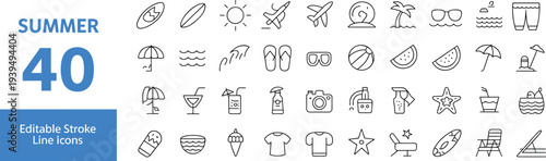Collection of 40 black and white line representing summer activities and such as sunglasses, beach balls, and flip-flops
