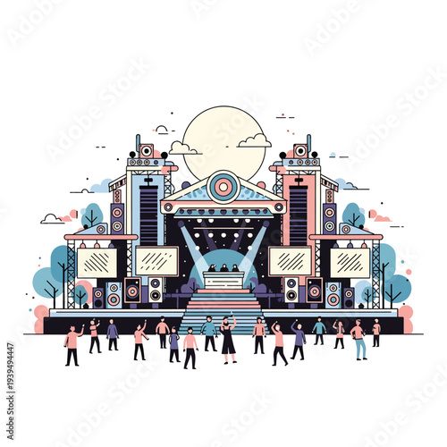 Concert Stage with Crowd and Buildings.