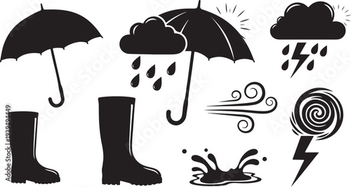 Weather icons including rain, storm, and windy conditions illustrated
