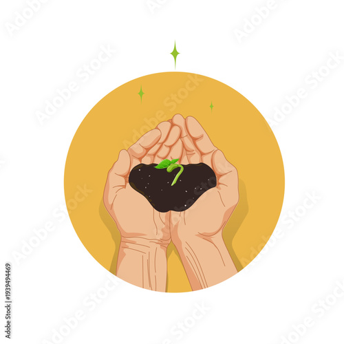 Holding green sprouts in cupped hands.