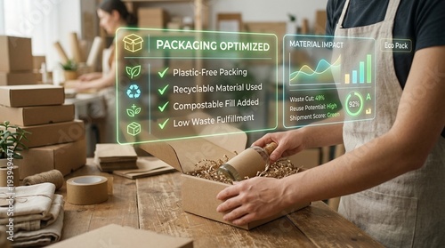 Hands packing a bottle into a cardboard box with eco-friendly filler, a futuristic HUD showing optimized packaging, plastic-free, recyclable, and compostable for low waste fulfillment