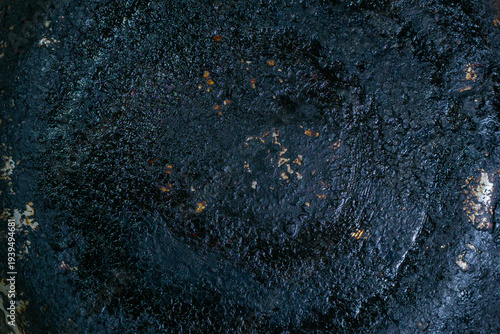 Burnt Black Crust Texture On Cooking Pan Surface - Charred Grease Residue