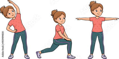 Cartoon girl performing fitness workout exercises in three poses including stretching, lunges, and warm-up, flat vector illustration.