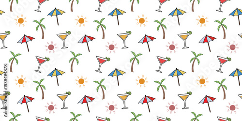 Tropical summer holiday seamless pattern featuring colorful beach umbrellas, palm trees, sun, and cocktails on a clean white background.