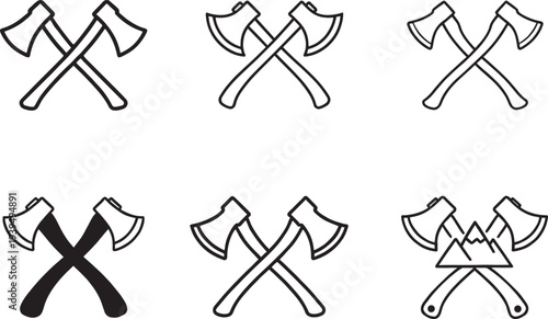 Crossed axe tools collection for forestry, timber cutting, camping, and woodwork tasks
