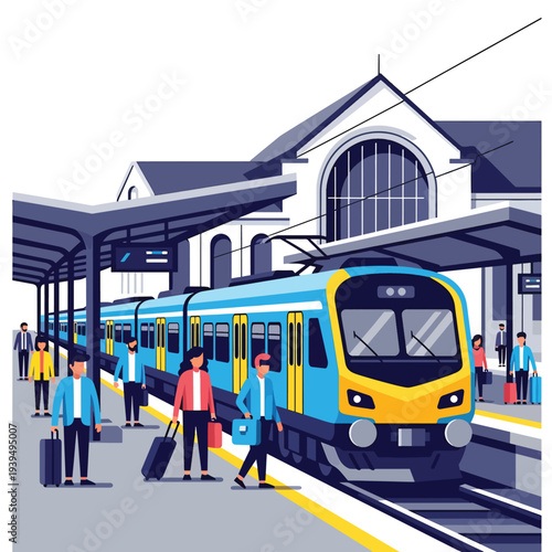 Blue and Yellow Train at Station Platform.