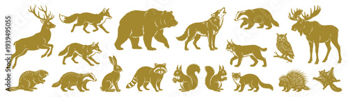 Gold Wildlife Forest Animal Silhouette Collection with Bear Wolf Deer Moose Fox and Raccoon Icons Isolated on White Background for Vintage Nature Branding and Rustic Outdoor Design
