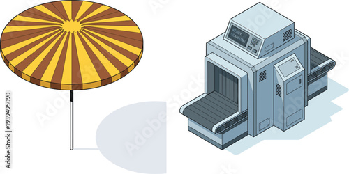 Beach umbrella and airport security scanner icons summer travel shade equipment and baggage inspection vector illustration