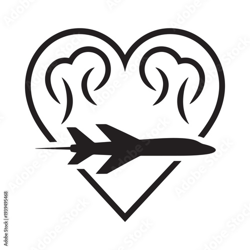 A black and white illustration of an airplane flying through a heart shape