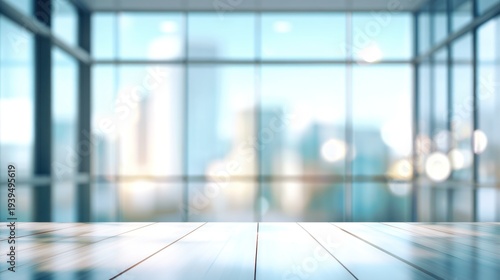 A wooden table in a modern office with a cityscape background.