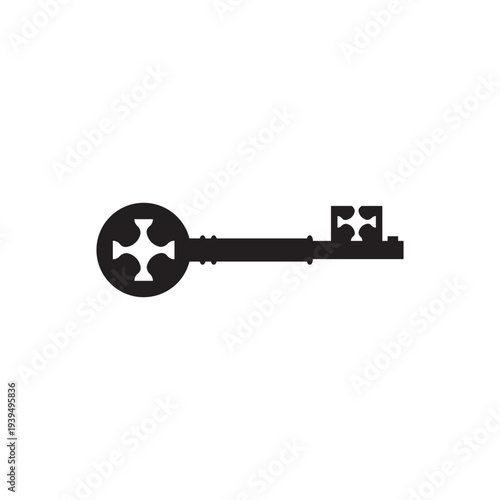 Black Vintage Key Silhouette Vector Icon Isolated on White Background, Antique Skeleton Key Symbol, Minimal Flat Design
