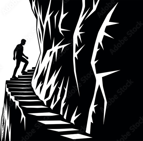 Sports silhouette of a person climbing stairs to success