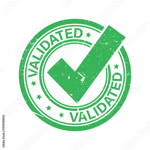 Green validated emblem stamp with check mark for technical product verification and high quality business standards