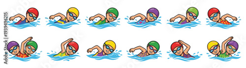 Large collection of cute cartoon swimmer characters in colorful swim caps and goggles swimming in water for sports competition and summer vacation design isolated on white background vector illustrati