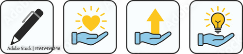 Creative idea and innovation icons set with pencil lightbulb and growth arrow symbols in modern flat vector style