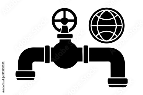 Water, oil or gas pipeline with fittings and valves. Pipeline and black tap, open, close. Globe valve icon silhouette vector