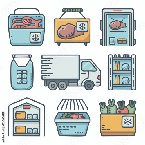 A comprehensive set of modern flat design icons illustrating cold chain logistics, food preservation, refrigeration, and storage solutions for perishable goods and fresh produce