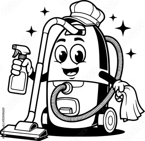 Funny cartoon illustration of a man with a vacuum cleaner, broom, and mop cleaning the toilet alongside a character dog and people