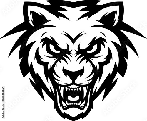 A powerful black silhouette of a lion head mascot and tribal tattoo vector illustrates the fierce face of the wild king animal