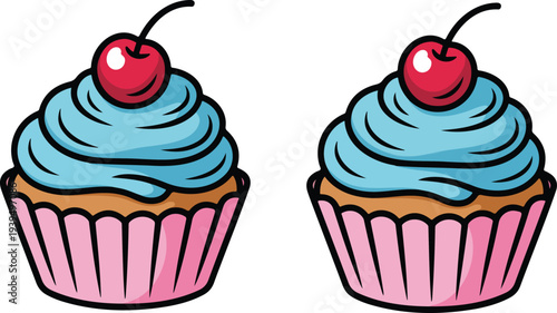 Cute cupcake dessert illustration with swirled frosting cherry topping and striped wrapper minimal sweet bakery icon isolated