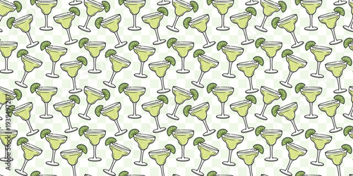 Seamless margarita cocktail pattern with lime garnishes on a light green checkered grid background for bar and restaurant menu design.